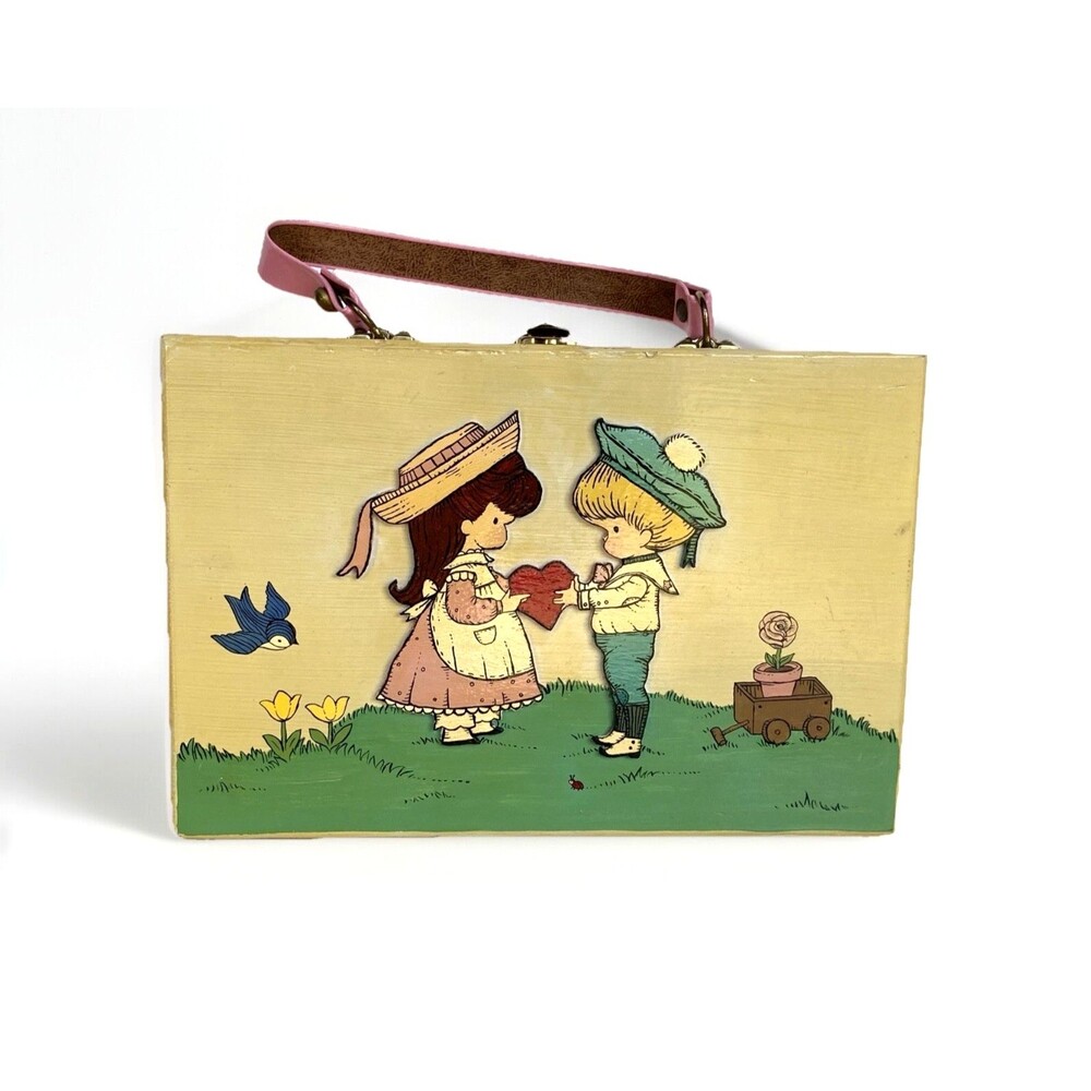 Vtg Joan Walsh Anglund Mid-Century Hand Painted Boy & Girl Wood Box Purse 1960s
